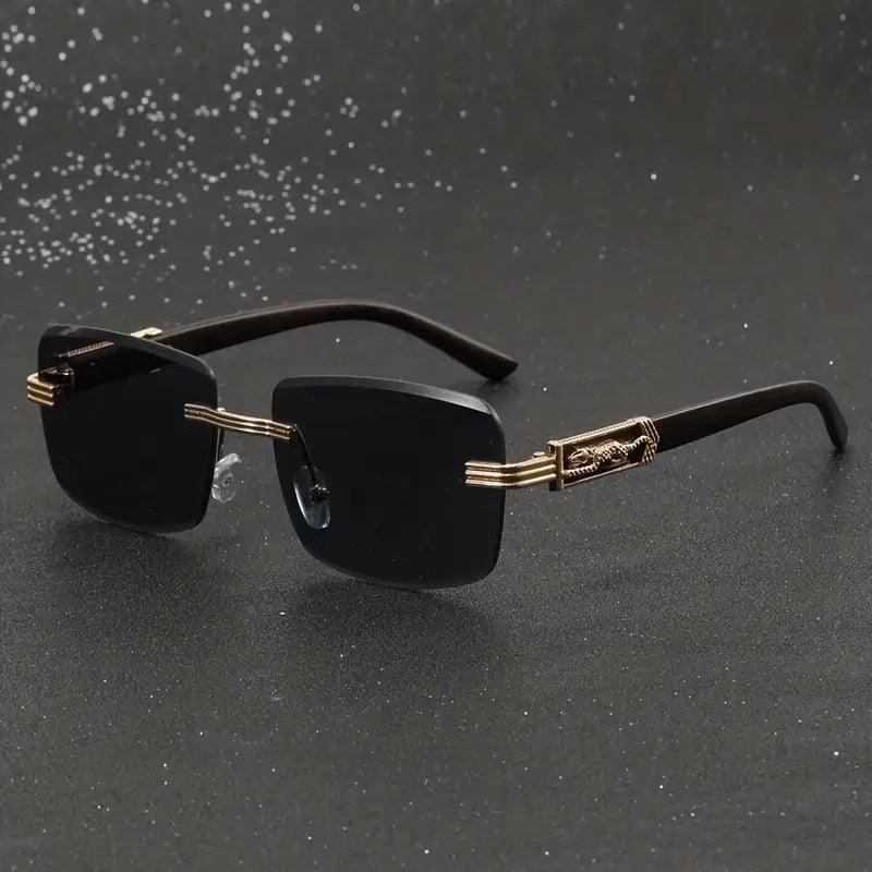 Wooden Pattern Leopard Head Artificial Diamond Cut Edge Fashion Glasses