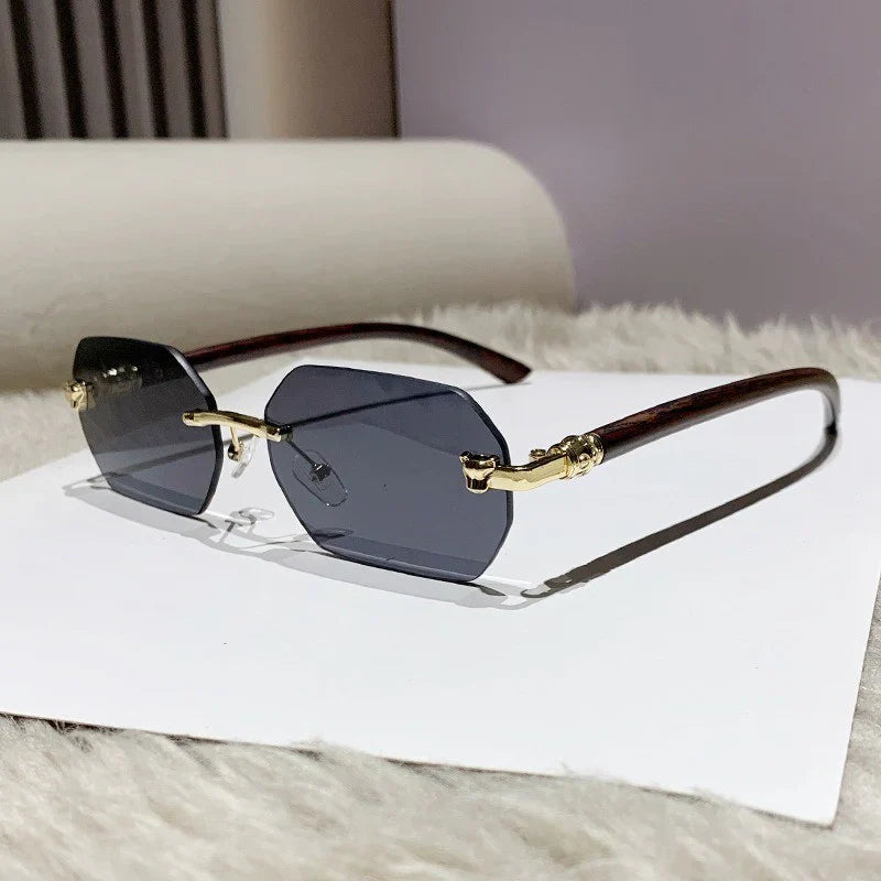 Vintage Faux Wood Frame Headband Rimless, Edgeless Sunglasses